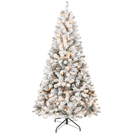 Artificial 6ft Flocked Christmas Tree 250L LED with snow-covered branches and warm lights, perfect for indoor holiday decor.