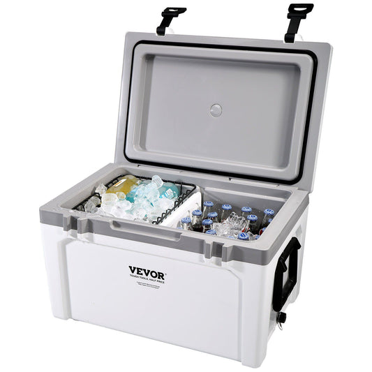 VEVOR 52 qt insulated portable cooler open with ice and drinks, heavy duty handle, ice chest lunch box for camping, travel, long-lasting ice retention