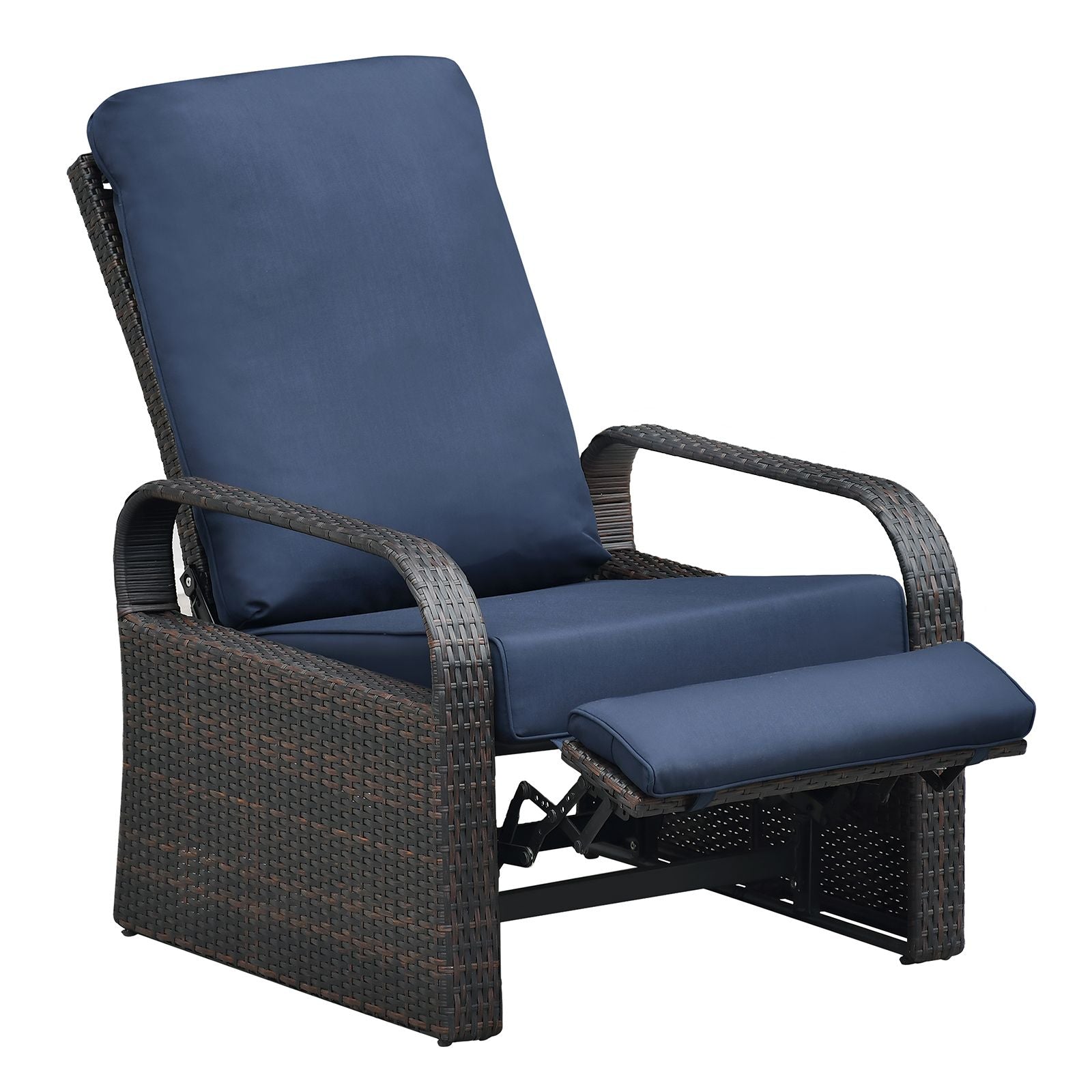 Adjustable Wicker Recliner Chair with navy cushions, ideal for outdoor relaxation on patios or poolside.