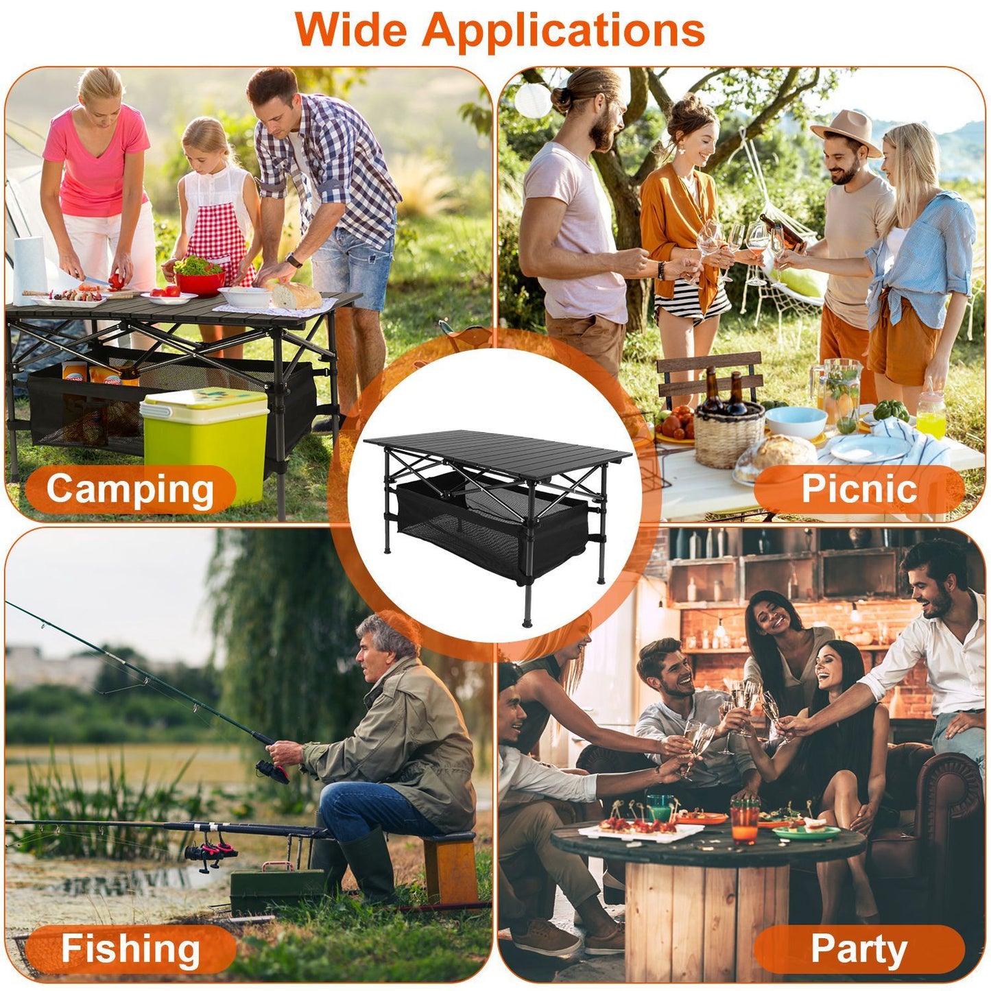 Folding Camping Table shown in use for camping, picnics, fishing, and parties; lightweight, portable, aluminum, with storage basket