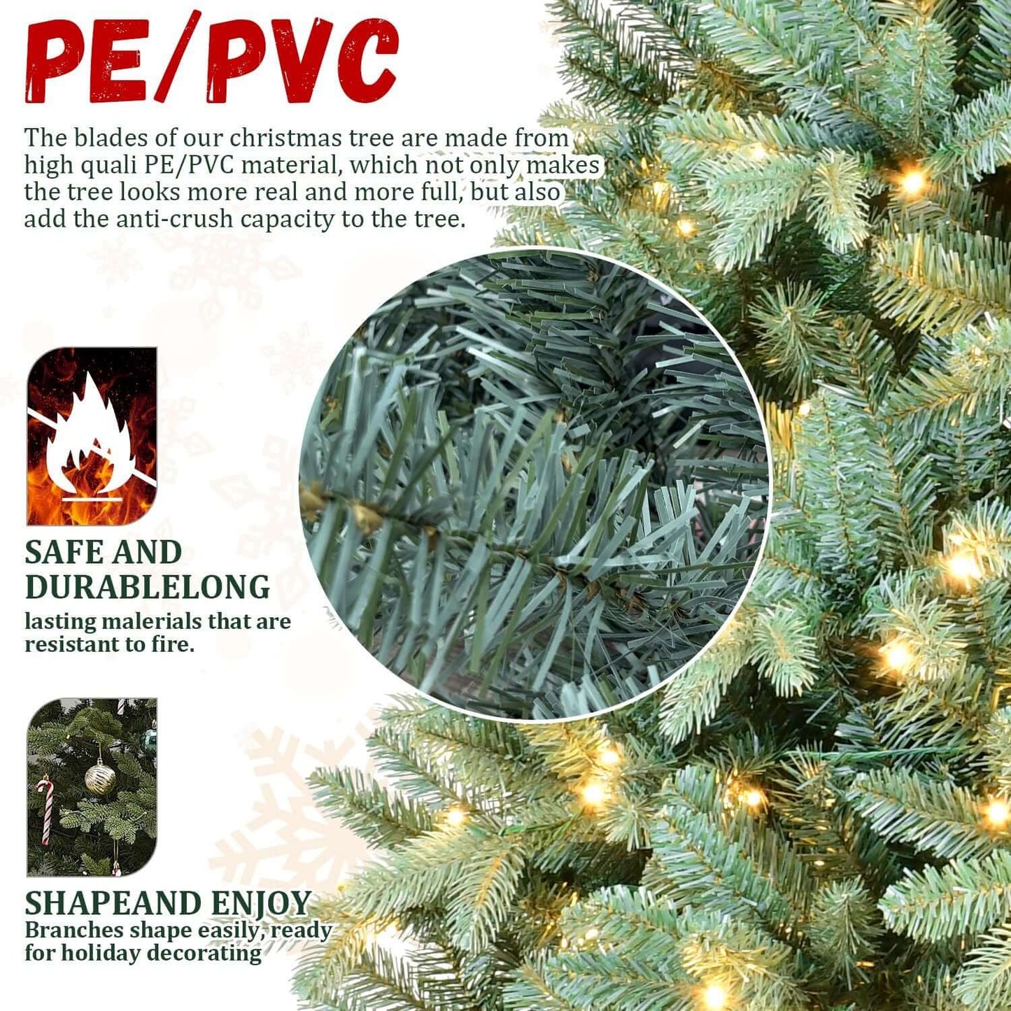 Blue Spruce Artificial Christmas Tree Prelit with PE/PVC branches showing realistic texture and 600 lights for indoor/outdoor use.