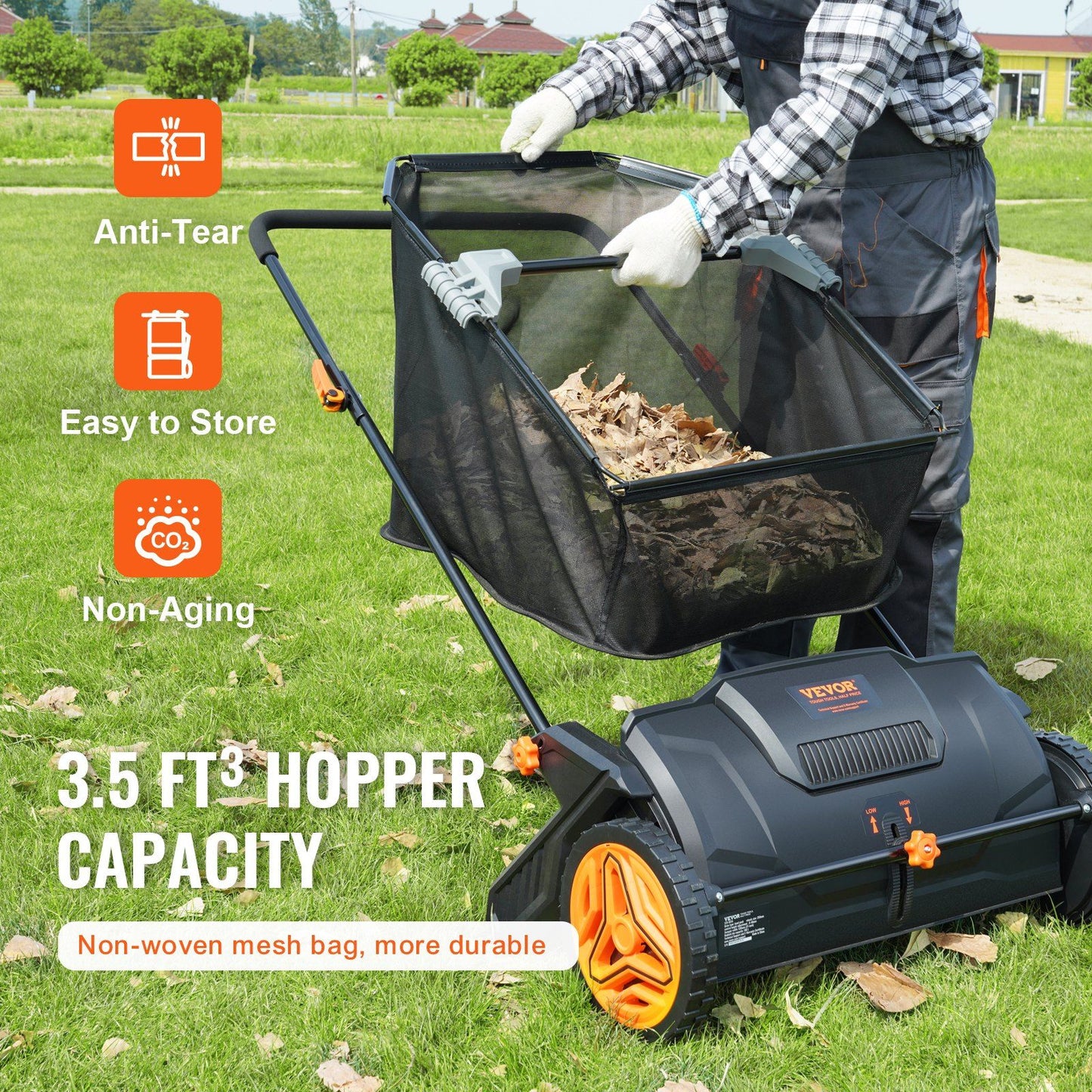 Person using VEVOR Push Lawn Sweeper with 3.5 cu. ft. mesh bag, featuring strong rubber wheels and adjustable spinning brushes for effective leaf collection.