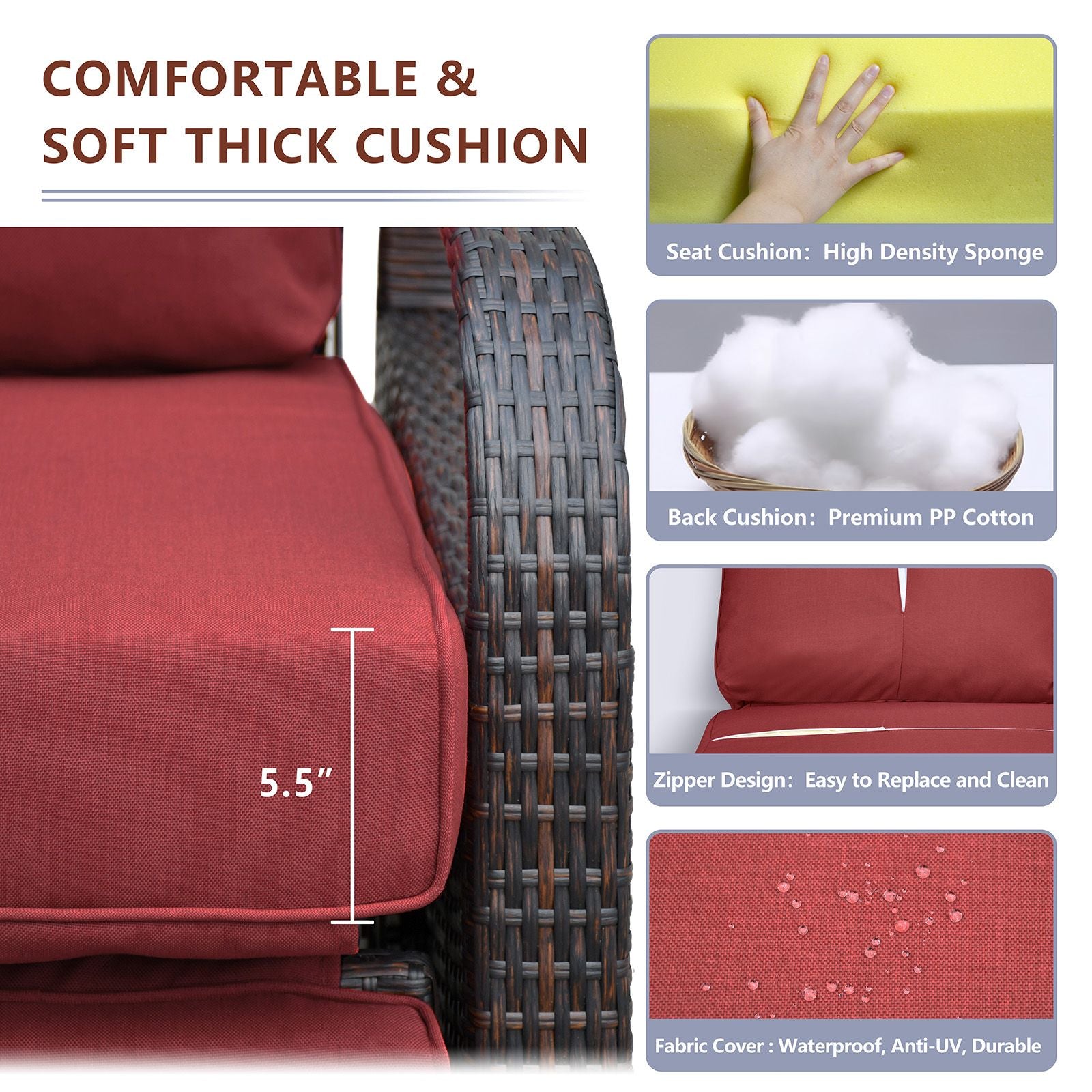 Close-up of Adjustable Wicker Recliner Chair with soft red cushions, highlighting features like high-density sponge and waterproof fabric.