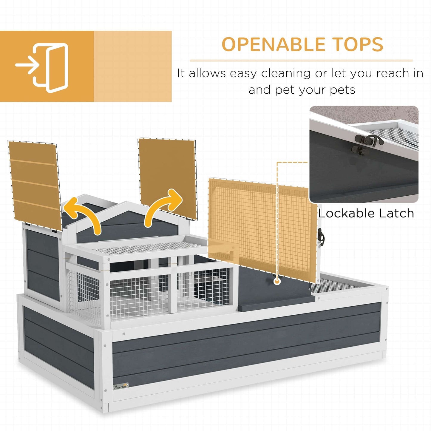 PawHut 3-Room Tortoise Habitat, Indoors & Outdoors Wooden Turtle Enclosure w/ Balcony & 2 Stories, 44" x 25.5" x 23", Gray