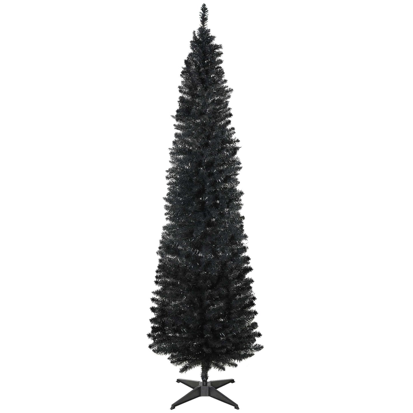 7ft Artificial Pencil Slim Christmas Tree with 499 tips, black, perfect for small spaces, featuring realistic branches and plastic stand.
