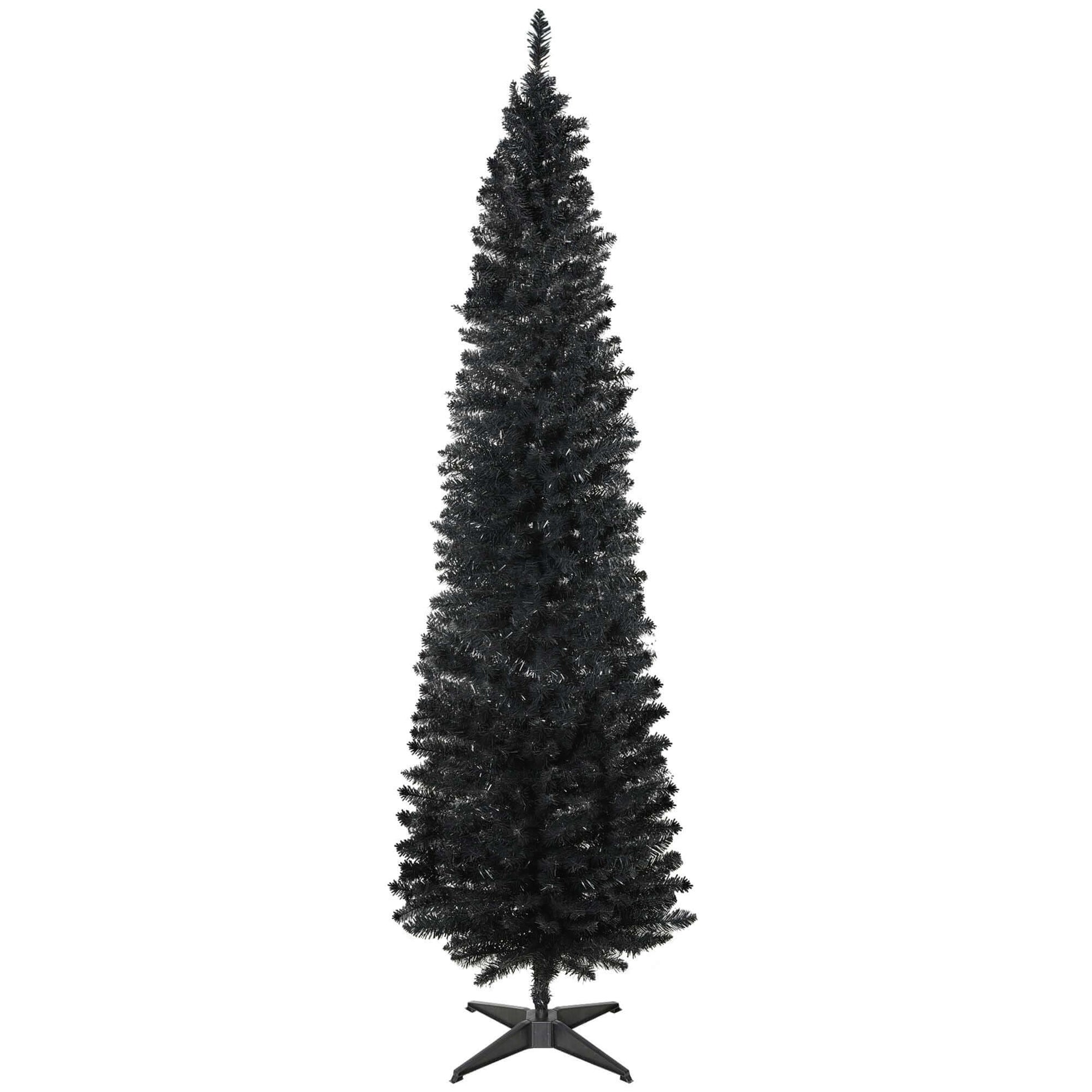 7ft Artificial Pencil Slim Christmas Tree with 499 tips, black, perfect for small spaces, featuring realistic branches and plastic stand.