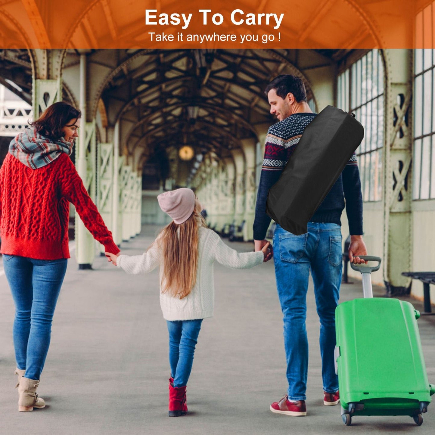 Family carrying lightweight portable camping table in a carrying bag, ideal for travel, picnics, and outdoor adventures.