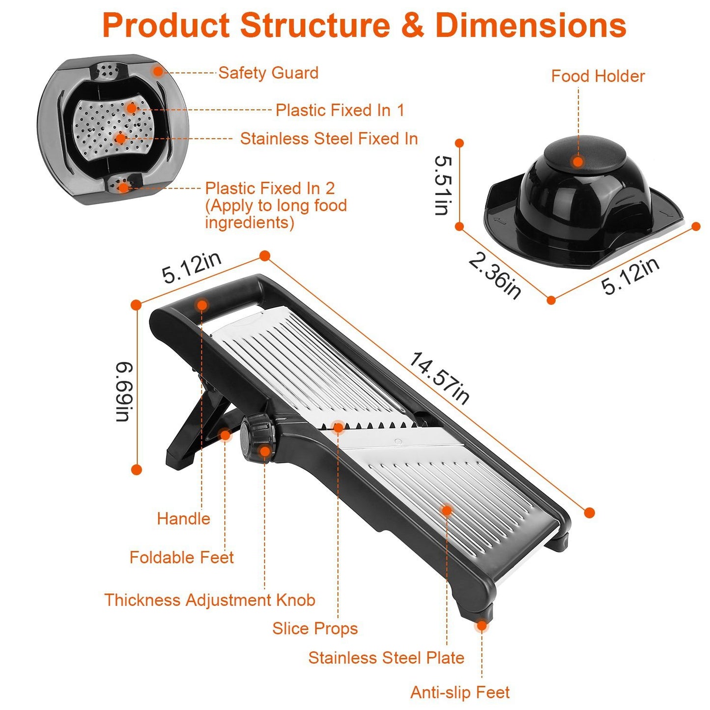 Mandoline food slicer with stainless steel build, adjustable blades, safety guard, and food holder. Perfect for slicing fruits and vegetables.