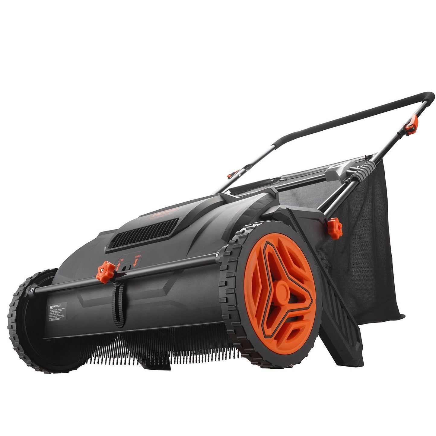 VEVOR Push Lawn Sweeper with 21-inch width, rubber wheels, and 3.5 cu. ft. mesh bag. Features spinning brushes for efficient lawn cleaning.