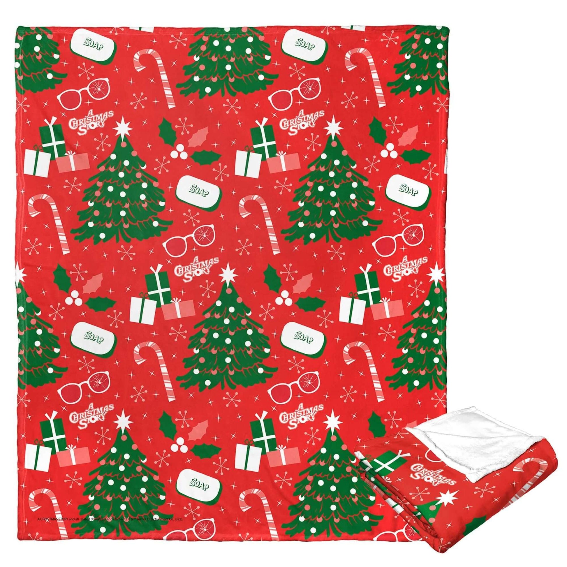 A Christmas Story Silk Touch Throw Blanket 50x60 featuring holiday-themed pattern with Christmas trees, candy canes, and gifts.