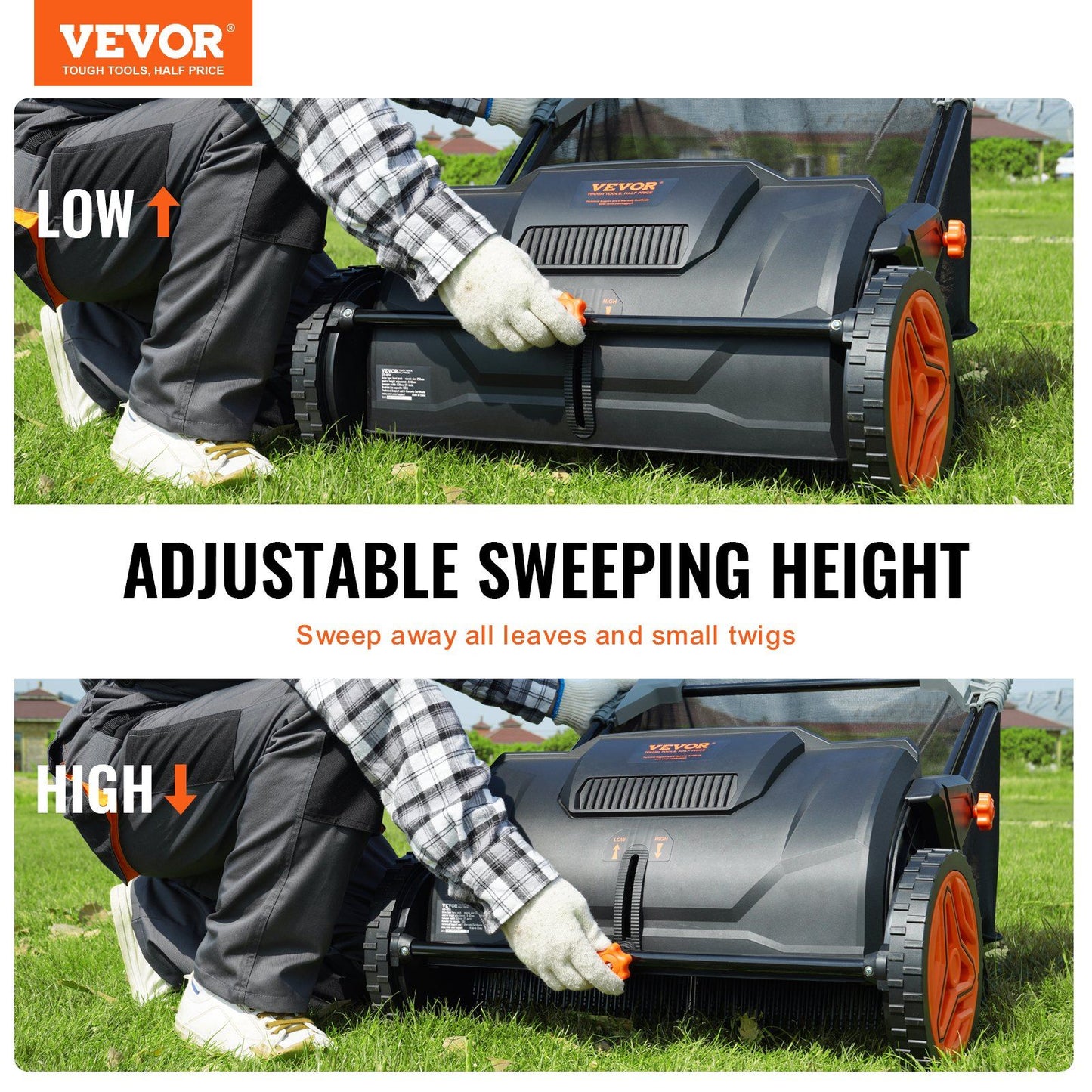 VEVOR 21-inch Push Lawn Sweeper with Adjustable Height, Rubber Wheels, Thickened Brushes, Sweep Leaves & Grass Efficiently, 3.5 cu. ft. Hopper
