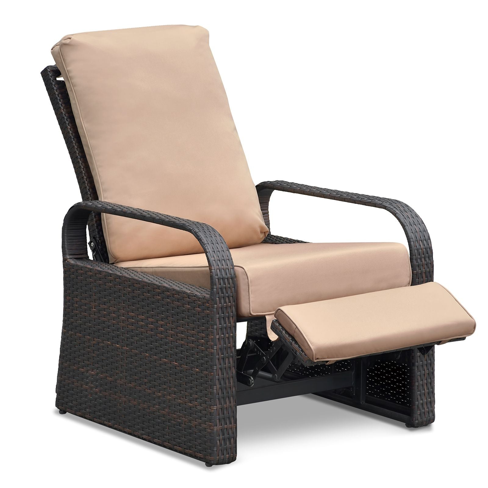 Adjustable Wicker Recliner Chair for outdoor relaxation, features push-back design, perfect for patios, decks, poolside lounging.