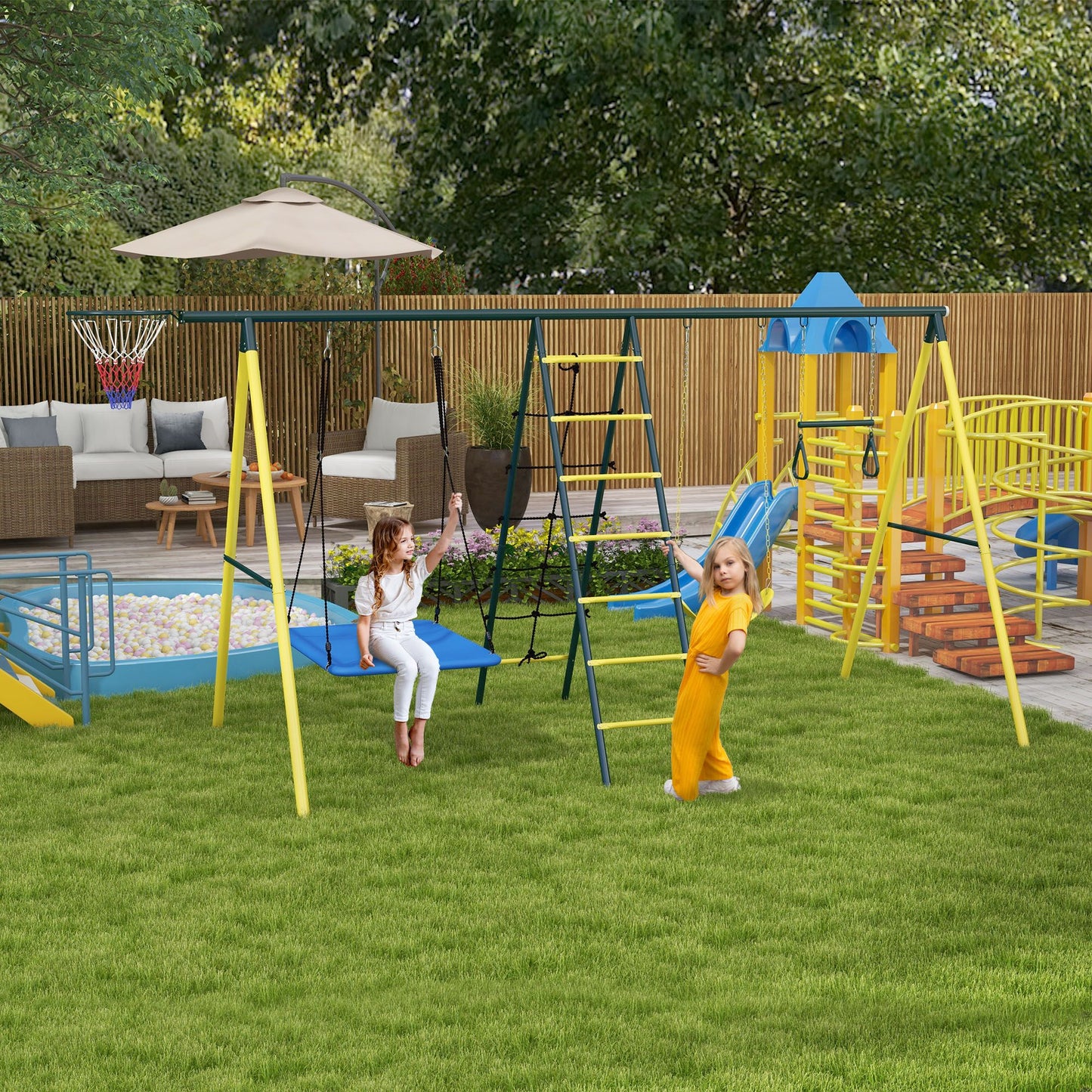 Alt Tag: Kids enjoying an Outsunny 5-in-1 heavy duty metal swing set with nest swing, climbing net, and basketball hoop, perfect for backyard fun.