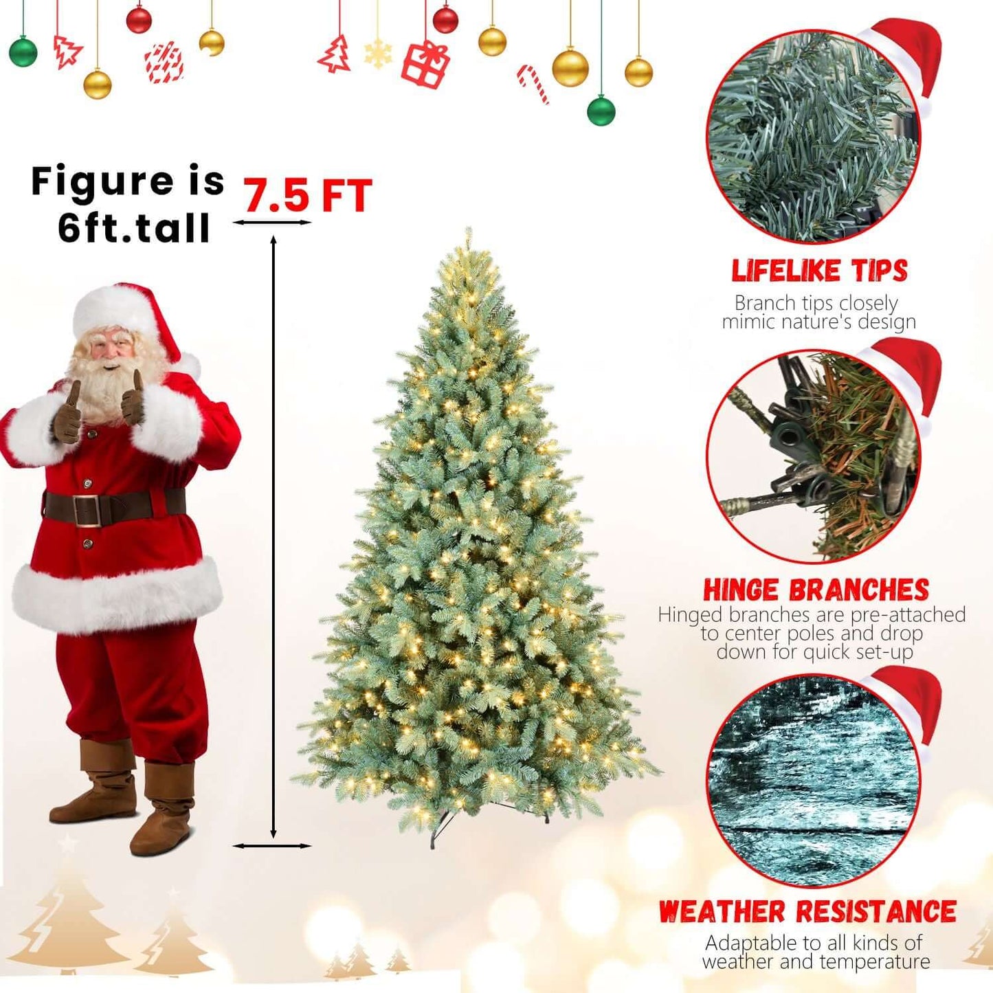 Blue Spruce Artificial Christmas Tree Prelit with 600 lights, showcasing hinged branches, lifelike tips, and weather resistance.
