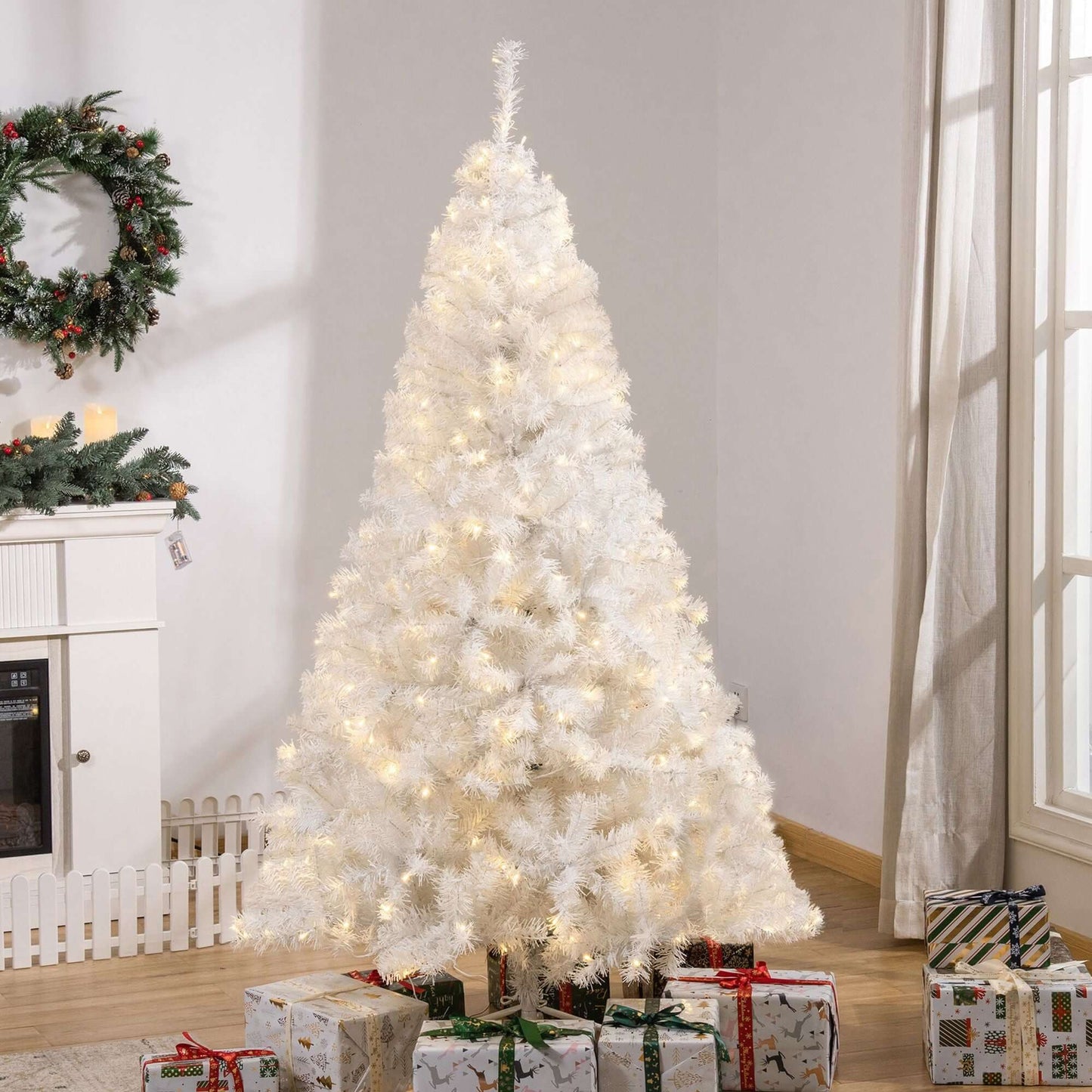 White Christmas Tree - 6ft pre-lit with 250 warm white LED lights in a festive room setting with wrapped gifts.