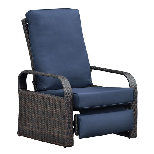 Adjustable Wicker Recliner Chair with blue cushions for outdoor use