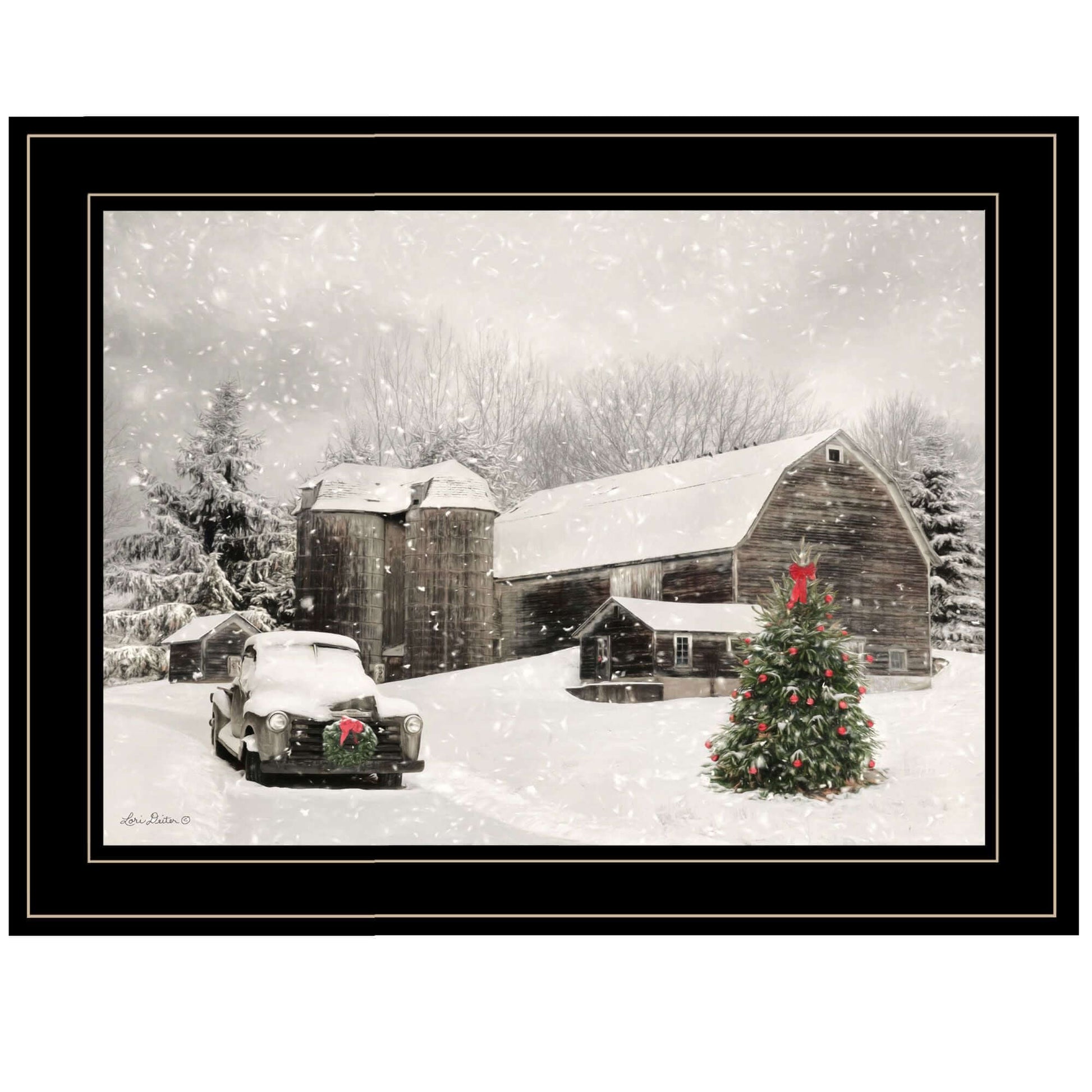 Trendy Decor 4U Farmhouse Christmas Wall Art by Lori Deiter, featuring rustic barn with snow and Christmas tree, framed for home decor.