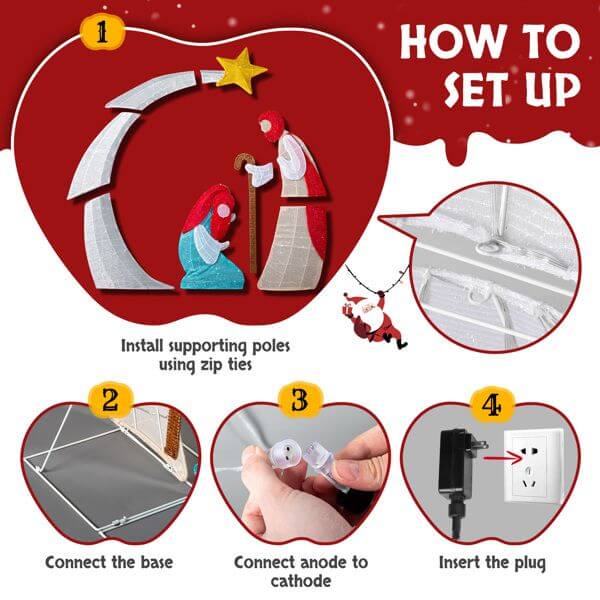 Diagram showing how to set up the VINGLI Lighted 2D Nativity Scene with assembly steps and components.