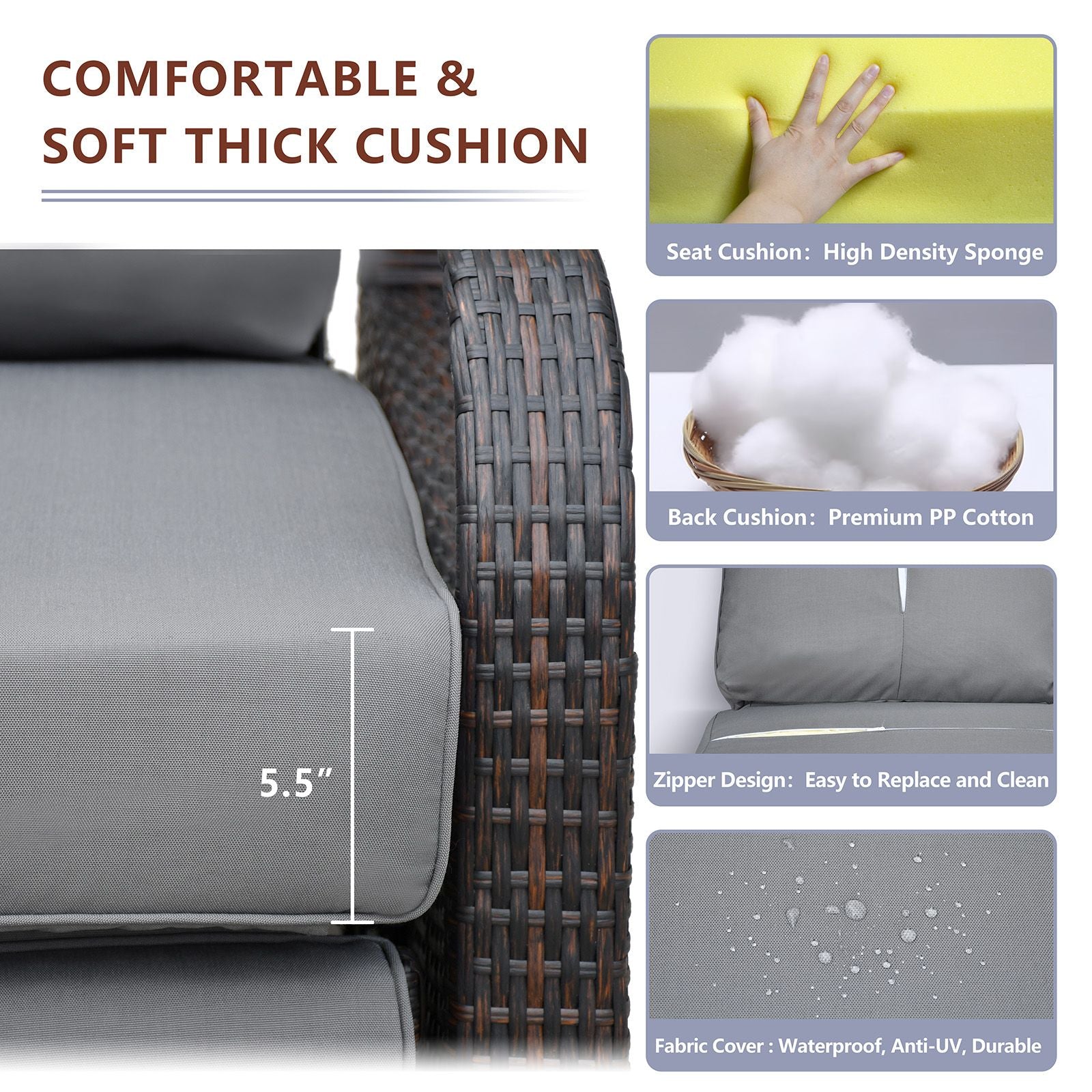 Adjustable Wicker Recliner Chair with comfortable cushion details, showcasing high-density sponge, premium PP cotton, and waterproof features.