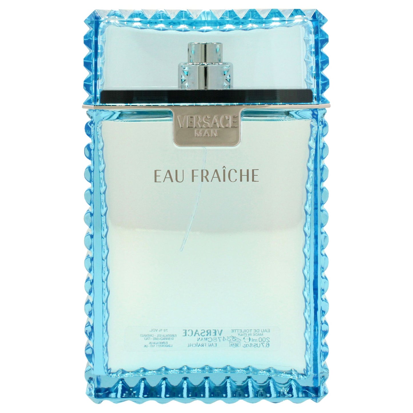 Versace Man Eau Fraiche 6.7 oz EDT Spray for Men in blue bottle. Elegant men's fragrance by Versace with fresh, aquatic scent.