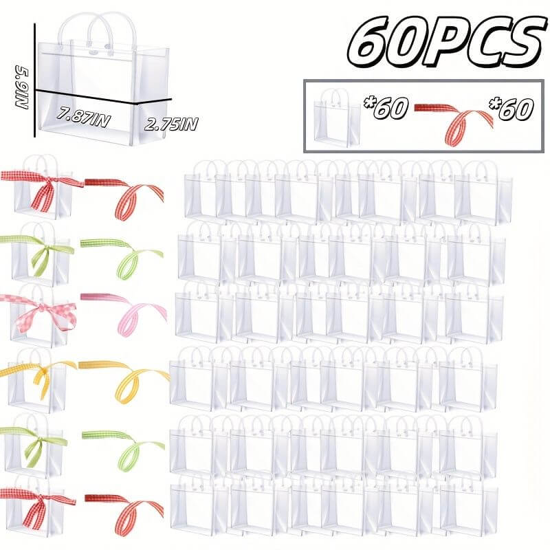 Set of 60 Reusable PVC Holiday Organizing Gift Bags with decorative ribbons