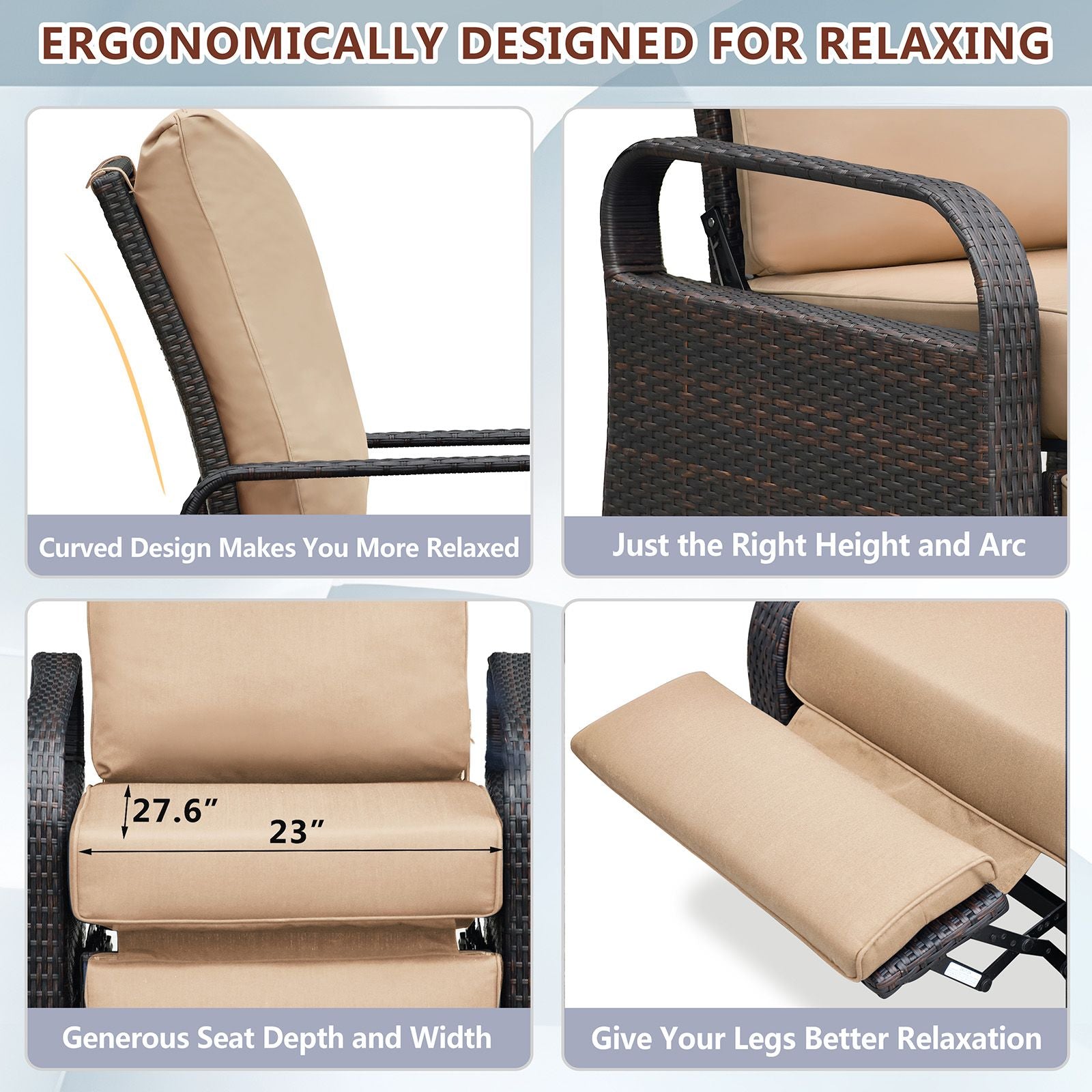 Ergonomic details of adjustable wicker recliner chair showcasing comfort features and measurements for optimal relaxation.