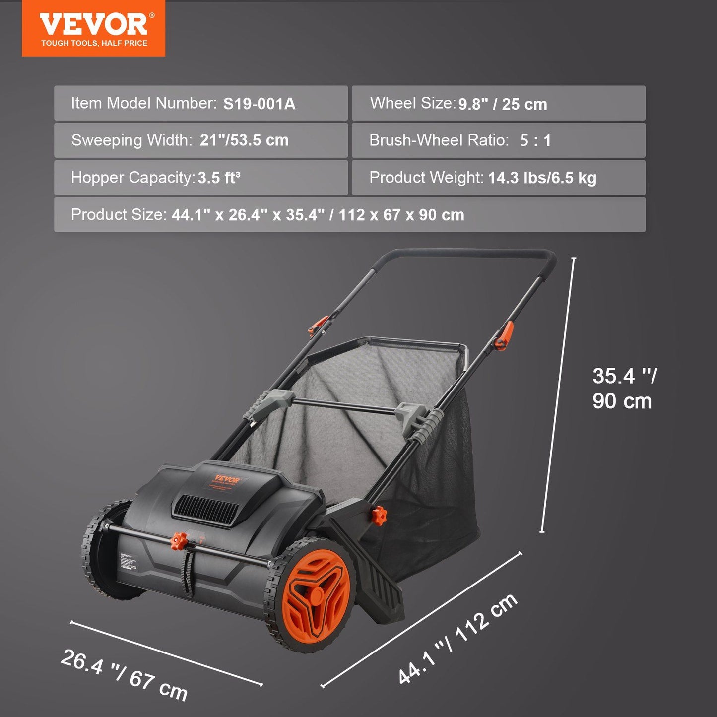 VEVOR Push Lawn Sweeper with 21-inch width, strong rubber wheels, and large 3.5 cu. ft. mesh collection bag for efficient debris collection.