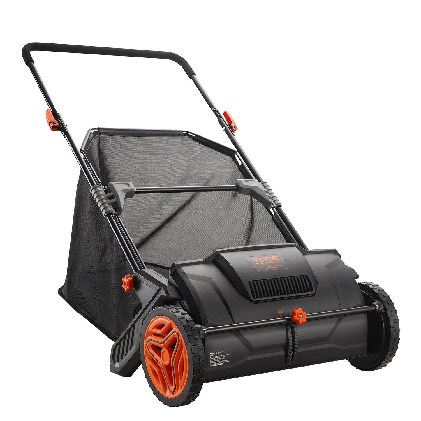 VEVOR 21-inch push lawn sweeper, thickened brushes, durable steel, large 3.5 cu. ft. hopper, orange rubber wheels, grass and leaf collector.