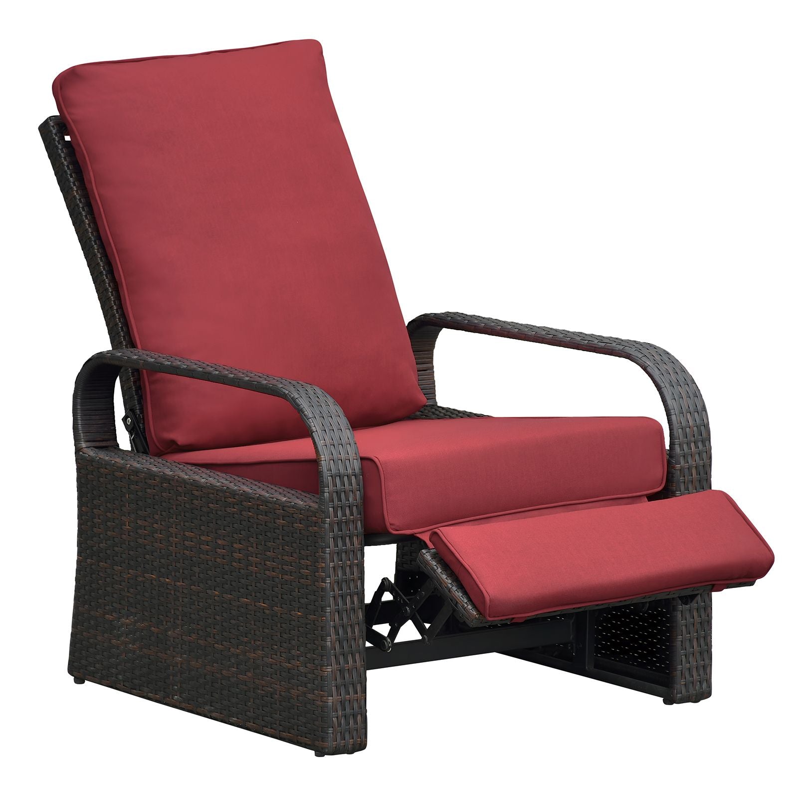 Adjustable Wicker Recliner Chair with red cushions for outdoor relaxation