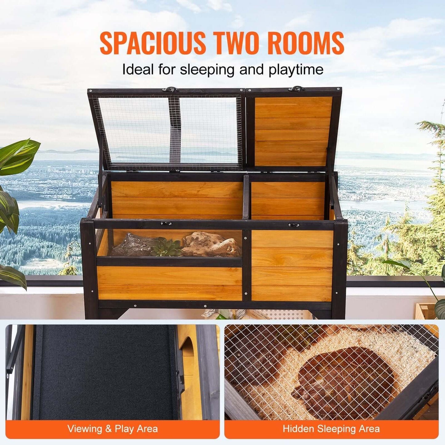 VEVOR Wooden Tortoise House Tortoise Habitat Indoor & Outdoor for Lizards Snakes with two spacious rooms