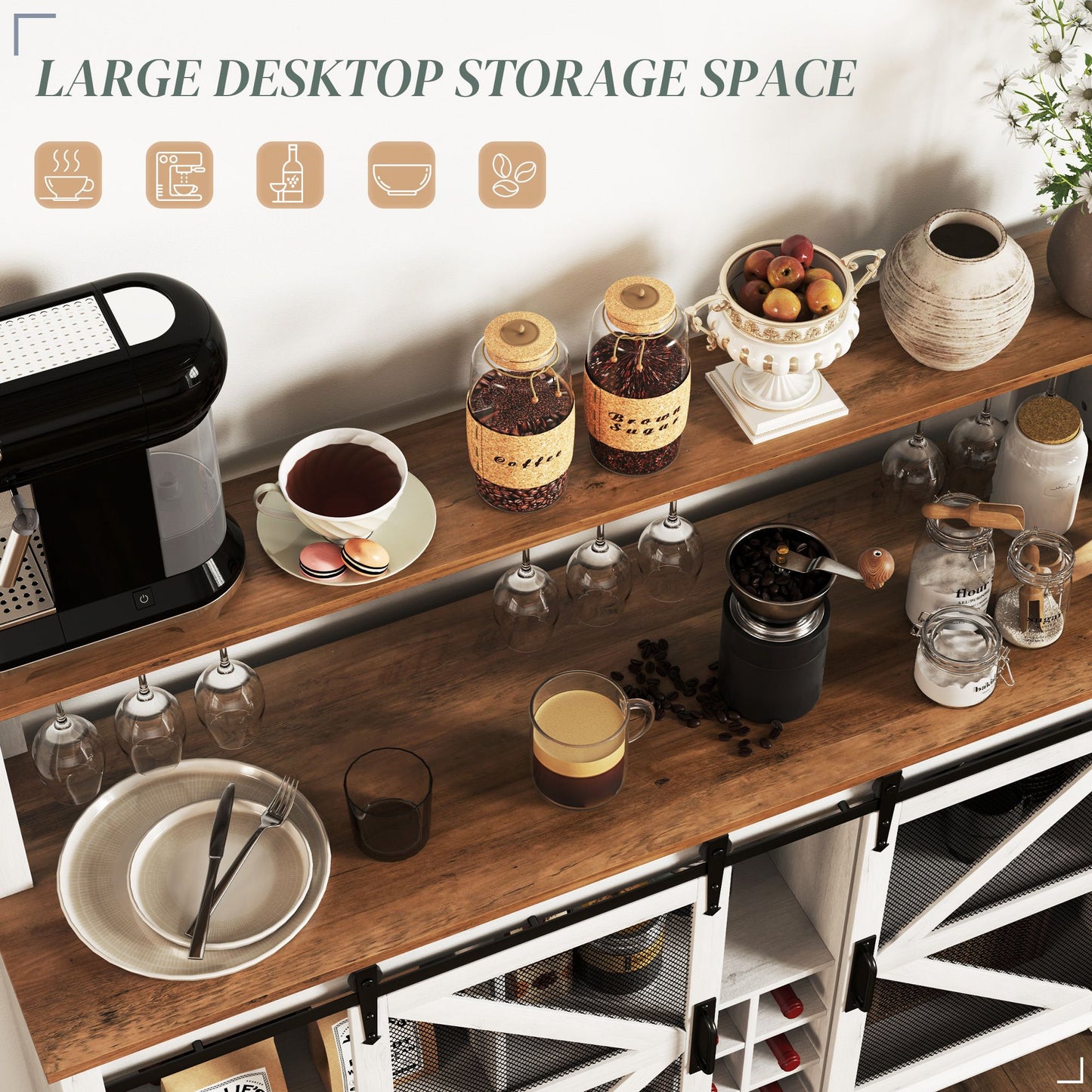 HOMCOM 55" Coffee Bar Cabinet showcasing large wooden countertop with kitchen appliances, cups, and storage space, ideal for dining areas.