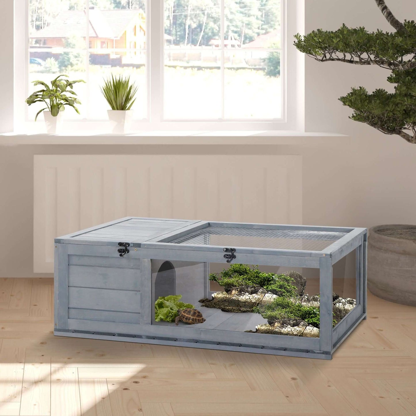 Wooden Tortoise House Indoor Turtle Habitat Enclosure Outdoor Reptile Cage for Lizards, Geckos, Gray in bright room