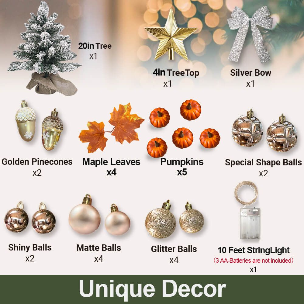 Unique decor set with various ornaments and a 20in tree, perfect for enhancing your holiday setup with a 2ft Tabletop Christmas Tree.