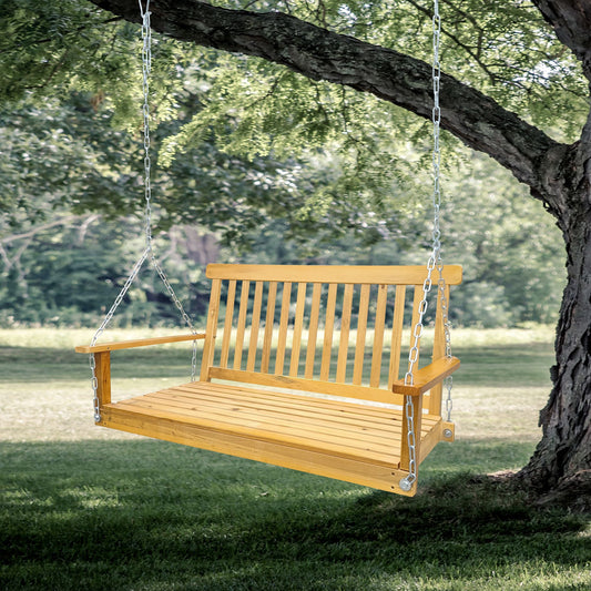 Wood Porch Swing with Armrests suspended from a tree, showcasing premium fir wood and a teak finish, ideal for outdoor relaxation.