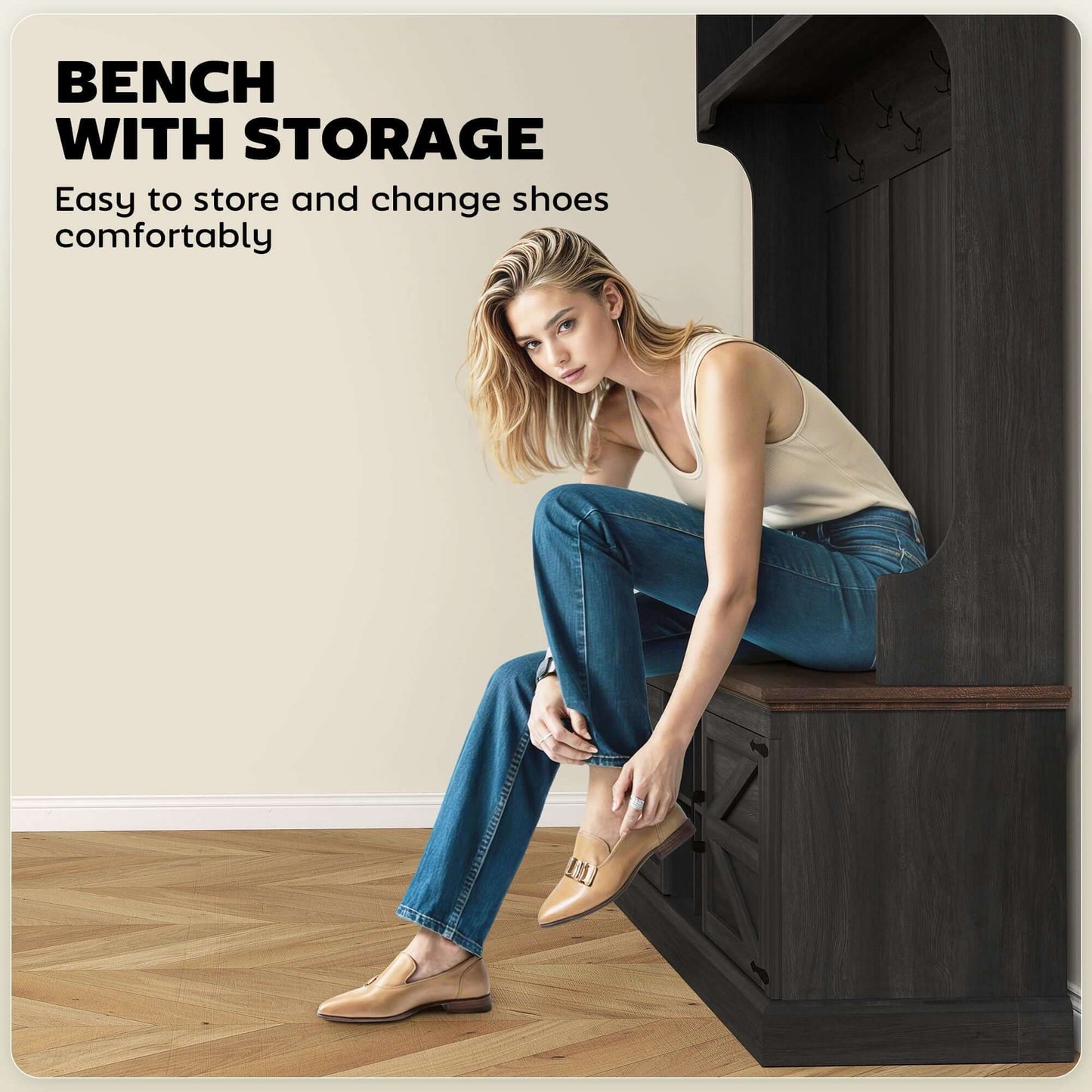 Woman sitting on HOMCOM Hall Tree Bench with Shoe Storage, Black Wood Grain, demonstrating comfort and ease of use in an entryway setting.