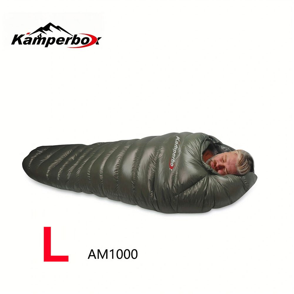 Kamperbox Outdoor Camping Down Sleeping Bag, winter warm, waterproof, insulated with grey duck down, lightweight for cold environments.