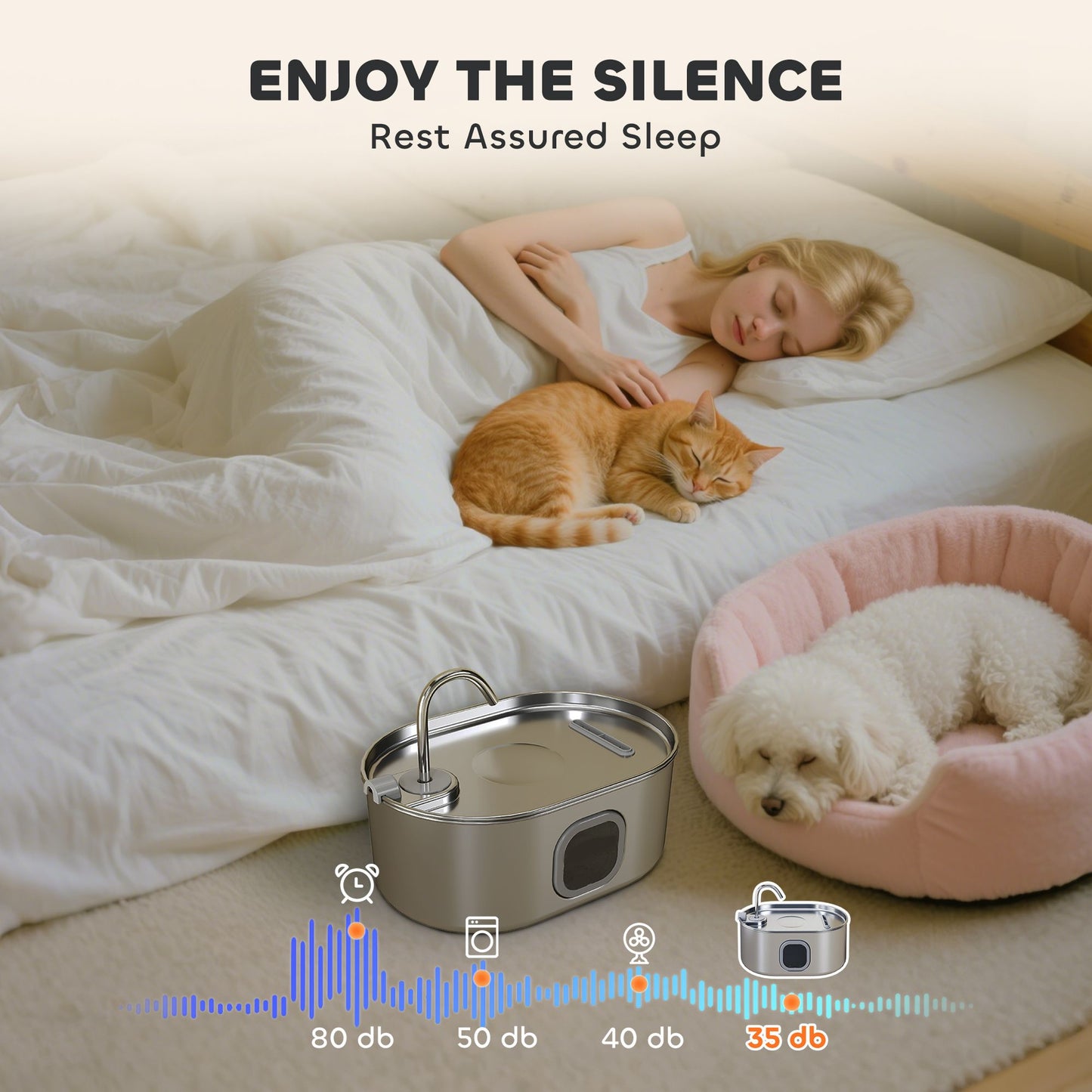 PawHut stainless steel cat water fountain with ultra-quiet pump, suitable for cats and dogs, promotes restful sleep in a multi-pet home.