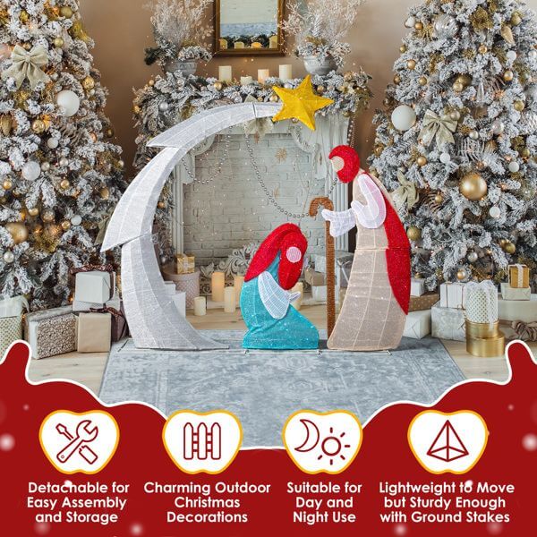 VINGLI Lighted 2D Nativity Scene with 170 LED lights displayed in a beautifully decorated Christmas setting.