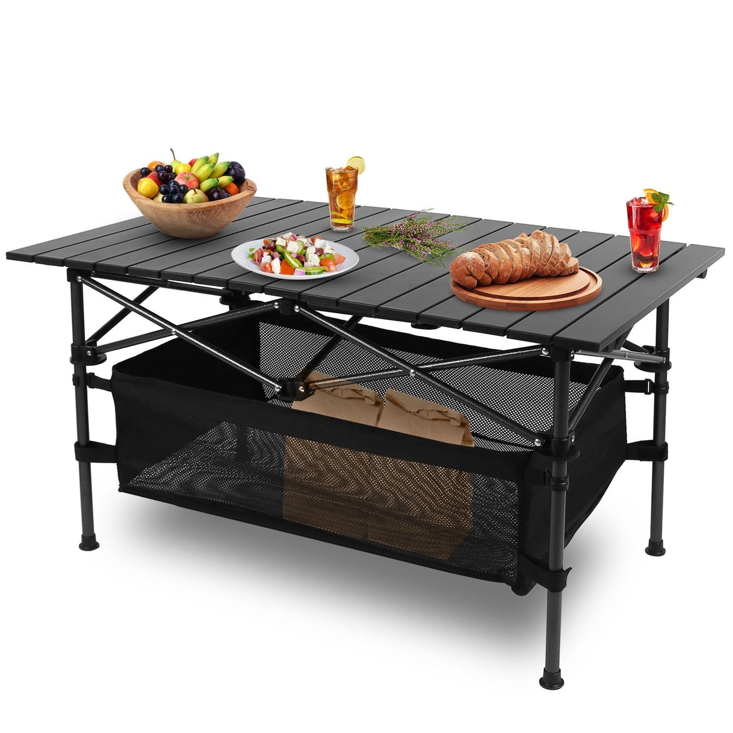 Folding camping table with food spread, showing lightweight aluminum design, roll-up top, mesh storage, perfect for outdoor BBQs.