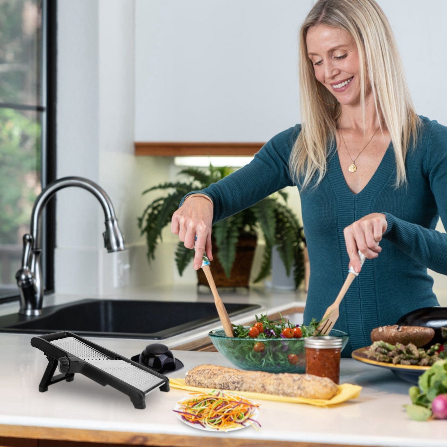 Woman using Mandoline Food Slicer, chopping vegetables and preparing salad in kitchen with stainless steel food cutter.