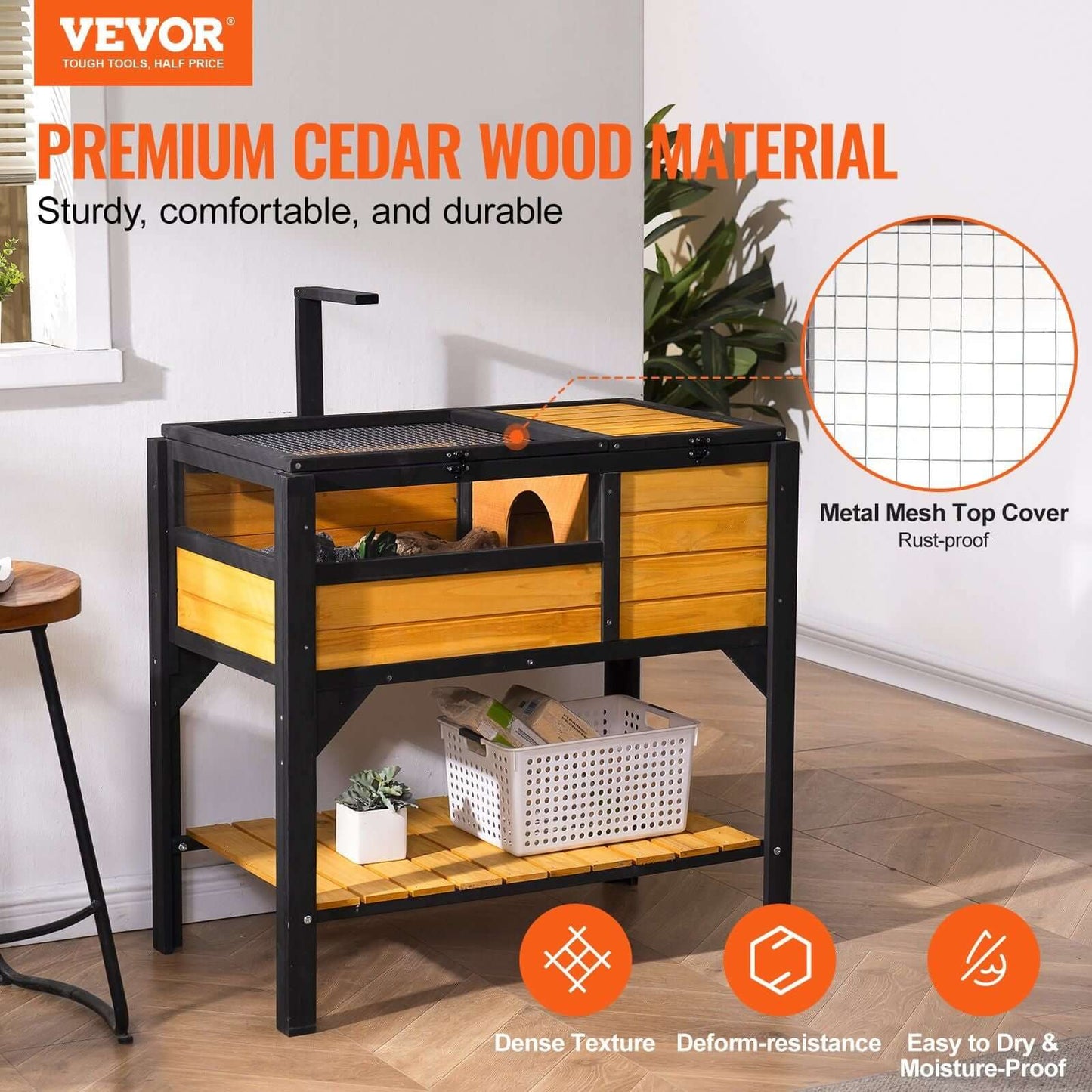 Alt Tag: VEVOR Wooden Tortoise House Tortoise Habitat Indoor & Outdoor for Lizards Snakes with metal mesh top and storage shelf.