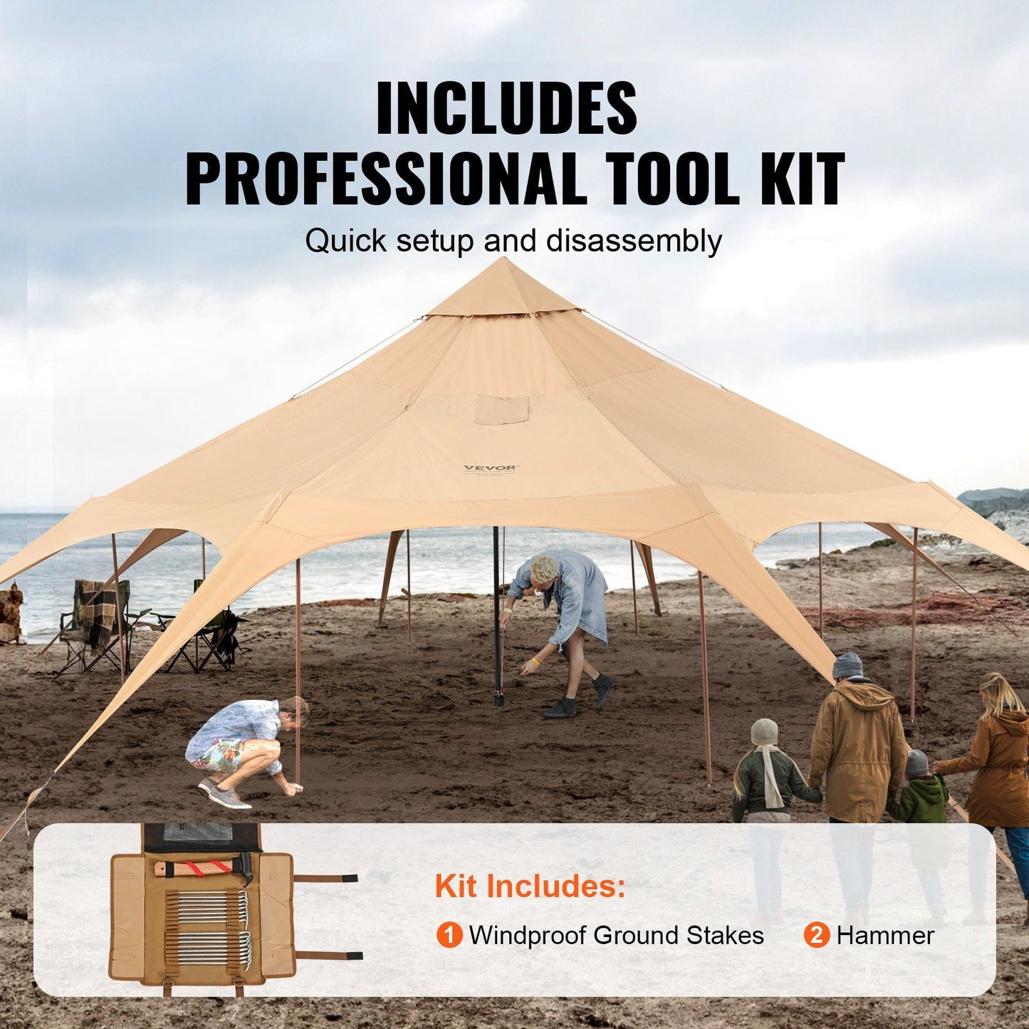 VEVOR Canvas Tent set up with included professional tool kit on a beach, featuring breathable TC cotton canvas and durable waterproof materials.