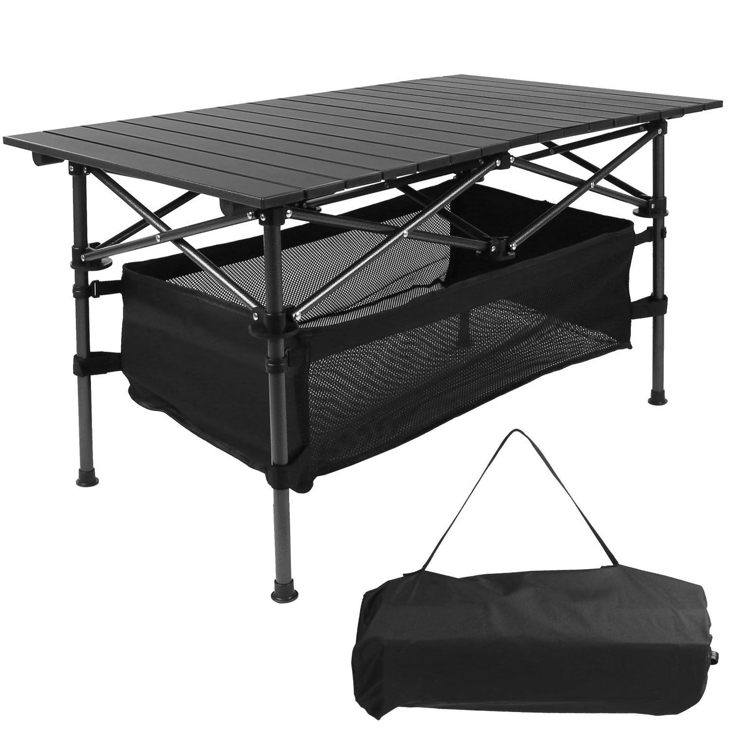 Folding Camping Table Portable Lightweight Aluminum Roll-up Picnic Desk with storage mesh basket, carrying bag, for outdoor BBQ and patio.