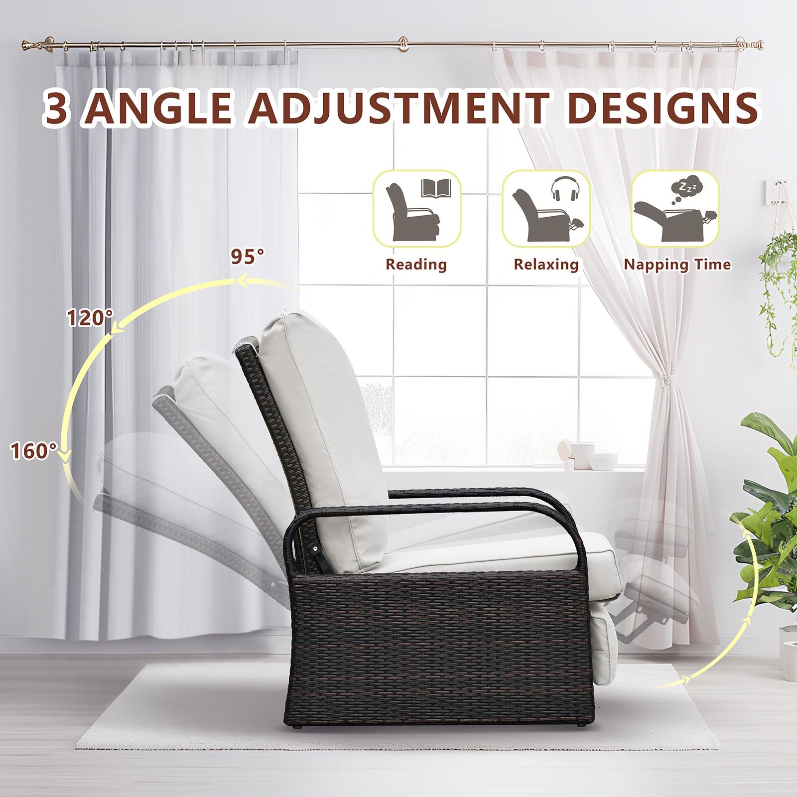 Adjustable Wicker Recliner Chair with 3 angle adjustment designs for reading, relaxing, and napping by ARTTOREAL.