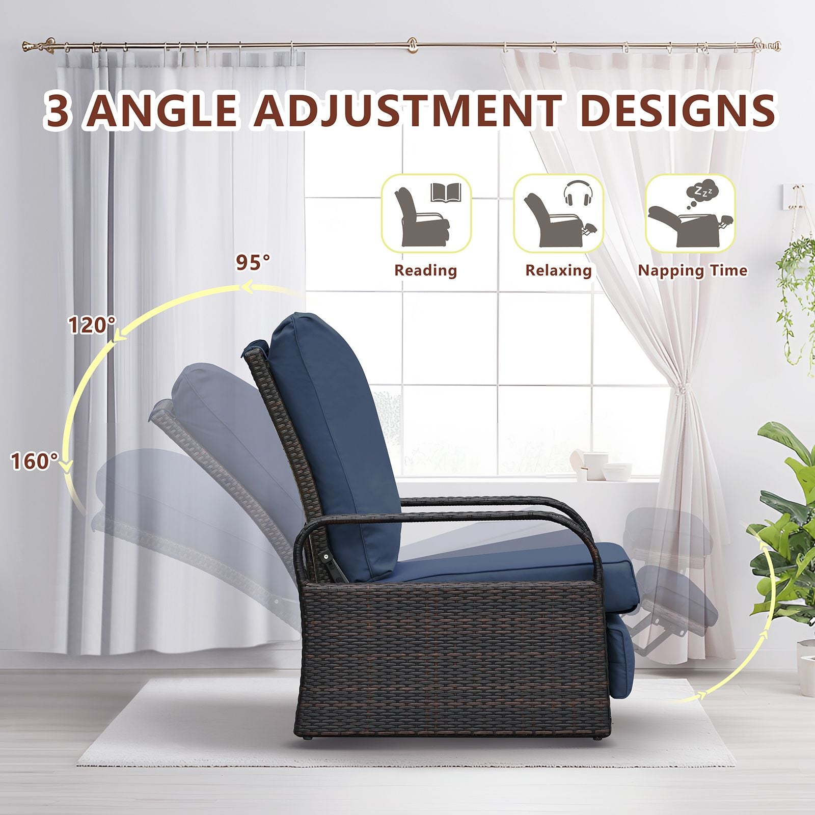Adjustable Wicker Recliner Chair showcasing 3 angle settings for reading, relaxing, and nap time against a bright window background.