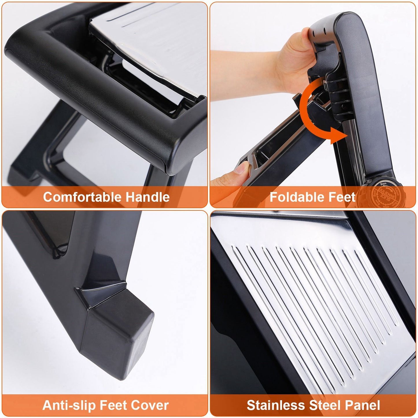 Mandoline food slicer with comfortable handle, foldable feet, anti-slip cover, and stainless steel panel for safe, efficient slicing.