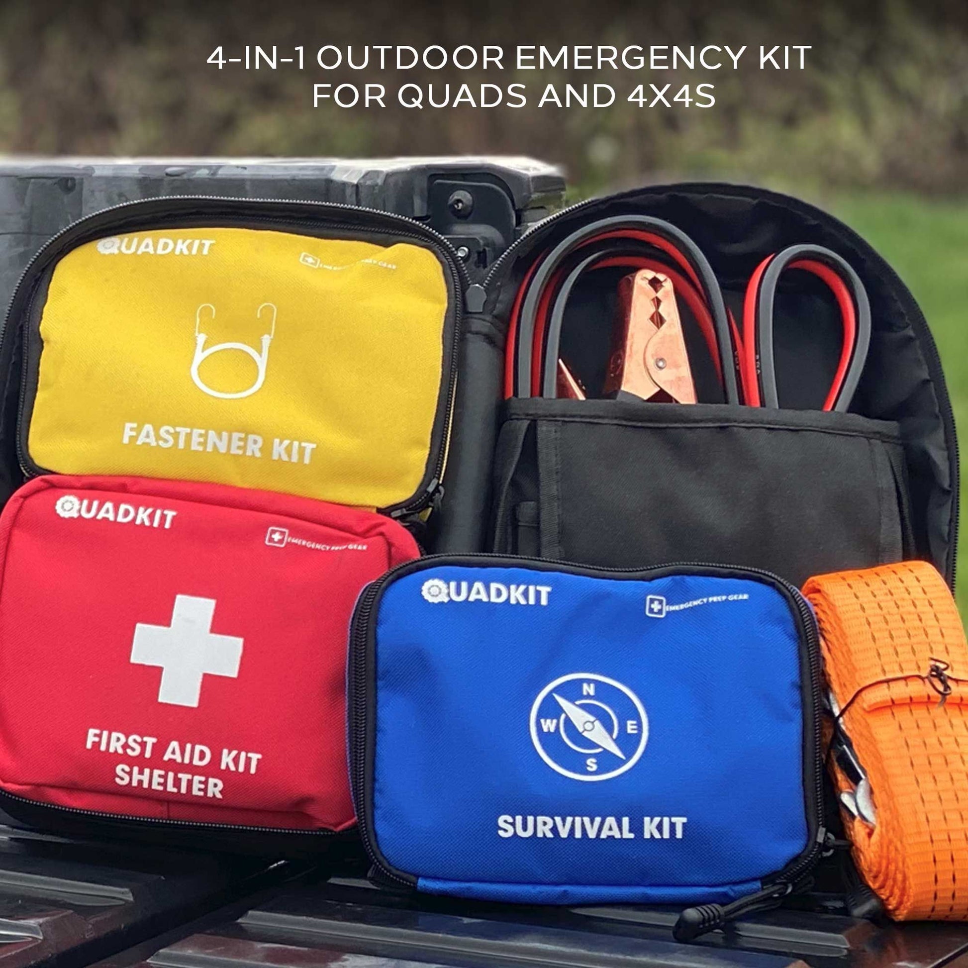 ATV Emergency Kit Off-Road - 4-in-1 outdoor essential kits for quads, includes fastener, first aid, survival, and tools.