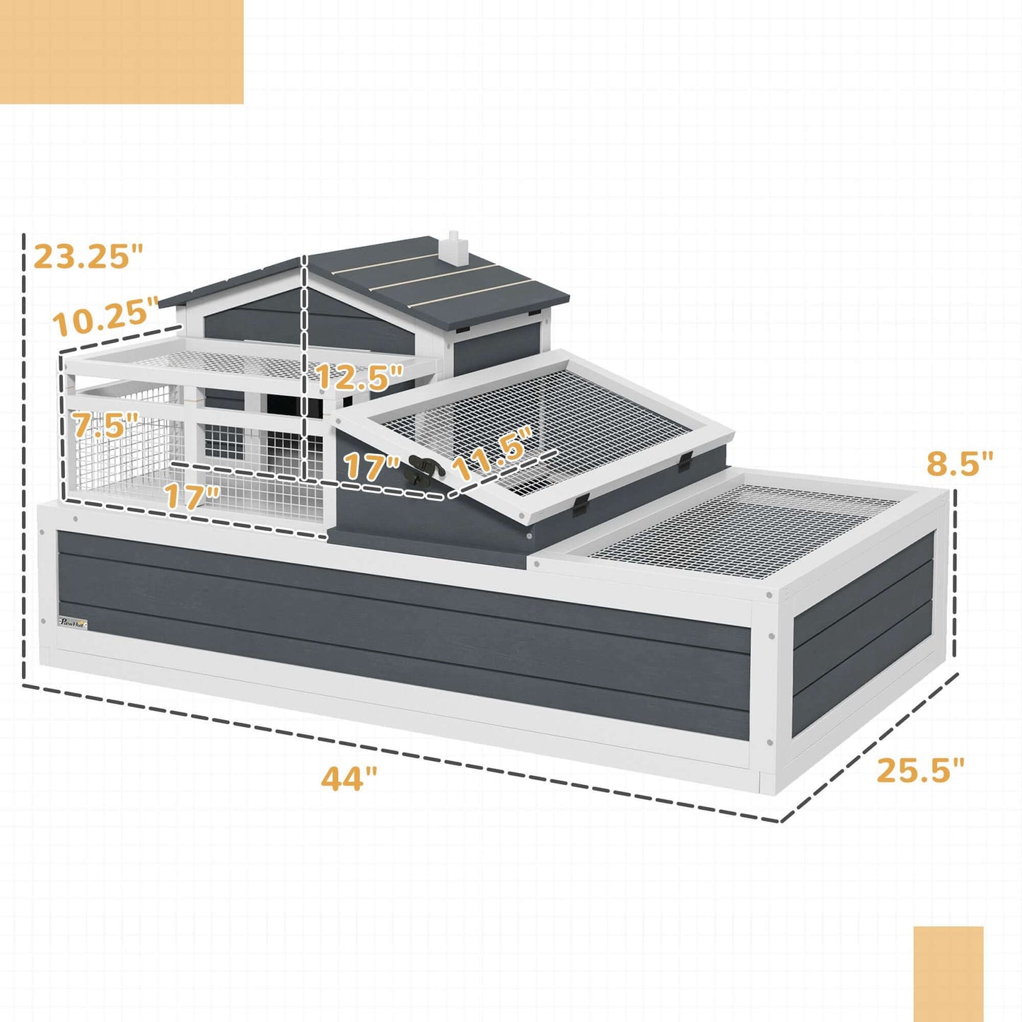 Alt Tag: PawHut 3-Room Tortoise Habitat, Indoors & Outdoors Wooden Turtle Enclosure w/ Balcony & 2 Stories, 44" x 25.5" x 23", Gray