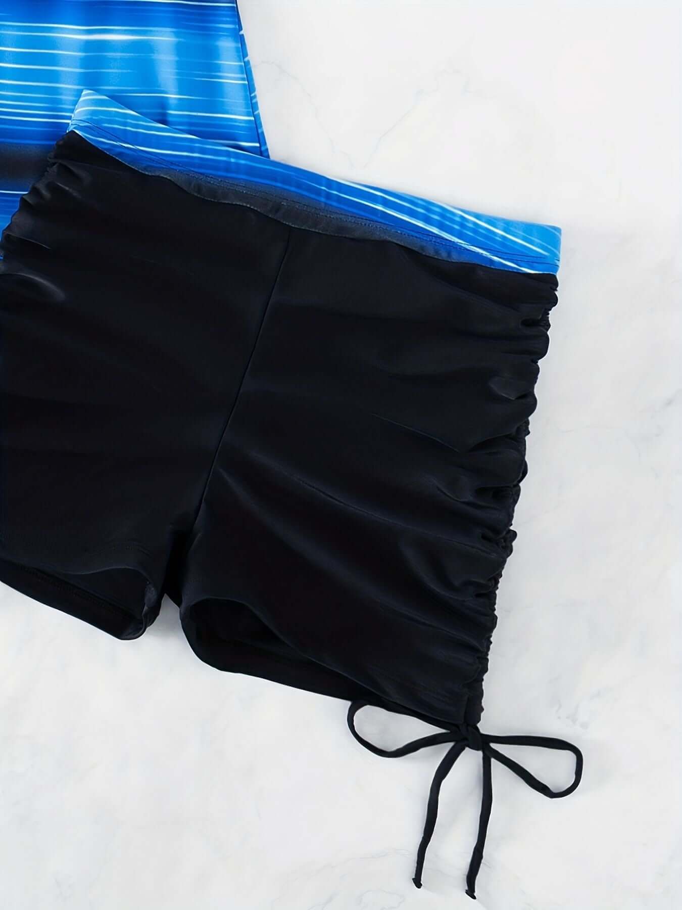 Striped Print Tankini Boxer Shorts with Drawstring, Women's Swimwear by The Tabby Spot, Perfect for Beach and Pool.