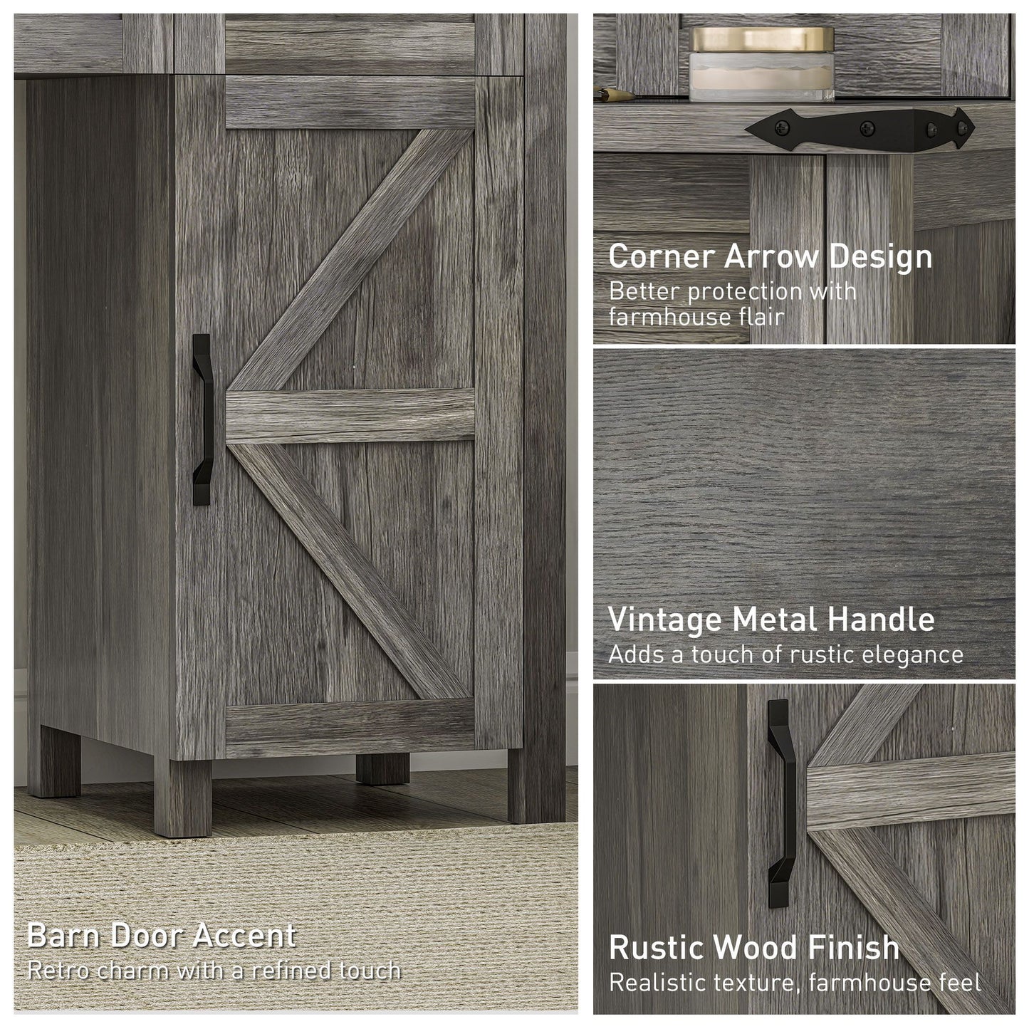 Close-up of HOMCOM Vanity Desk Set's barn door accent, showcasing rustic wood finish, vintage metal handle, and corner arrow design.